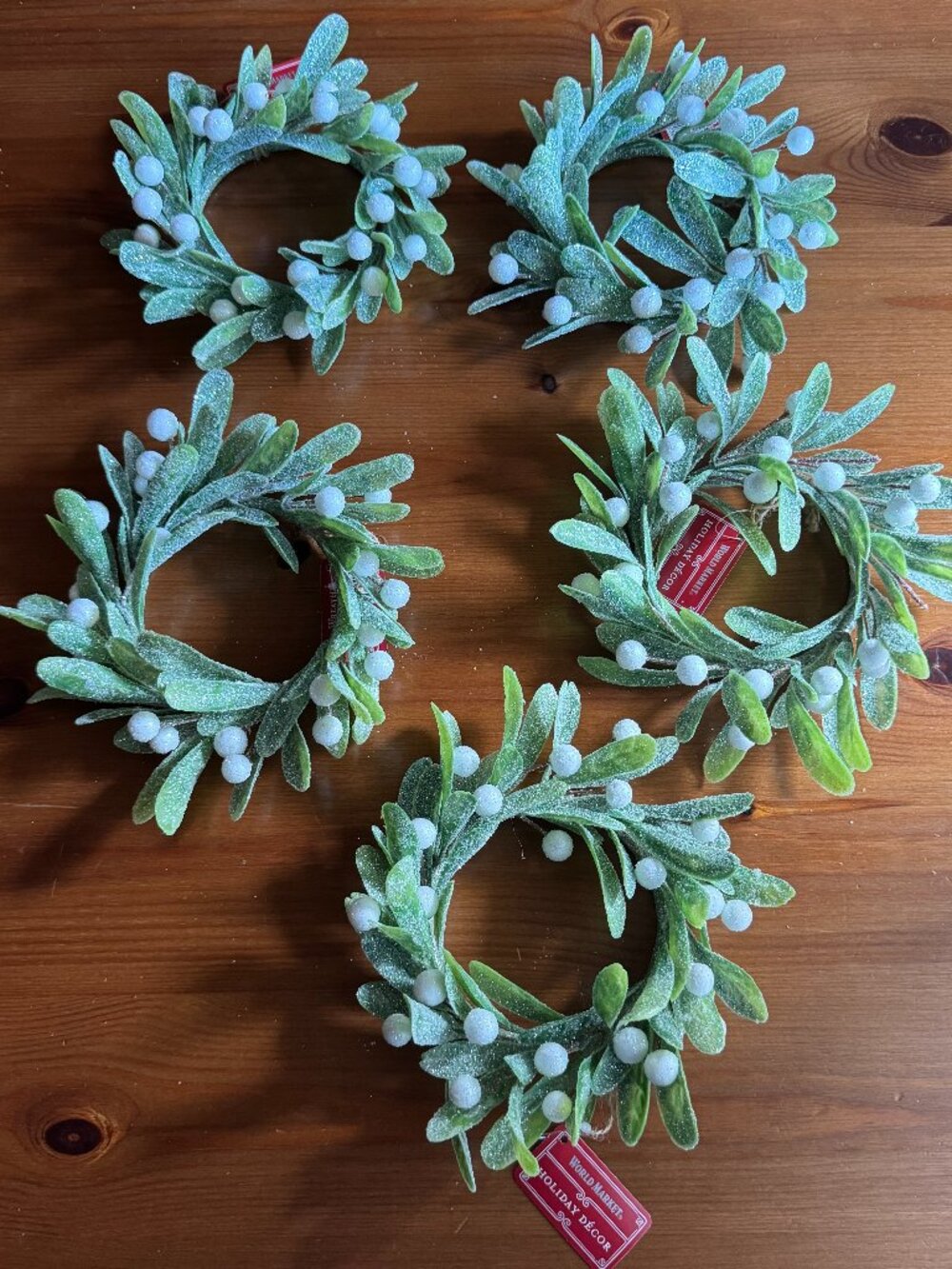 Sparkle Green/White Mistletoe Candle Ring/Wreath 3.5" Inner Diameter - Set of 5